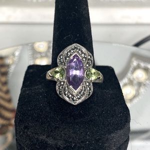 Amethyst, Peridot and Marcasite Sterling Silver Ring